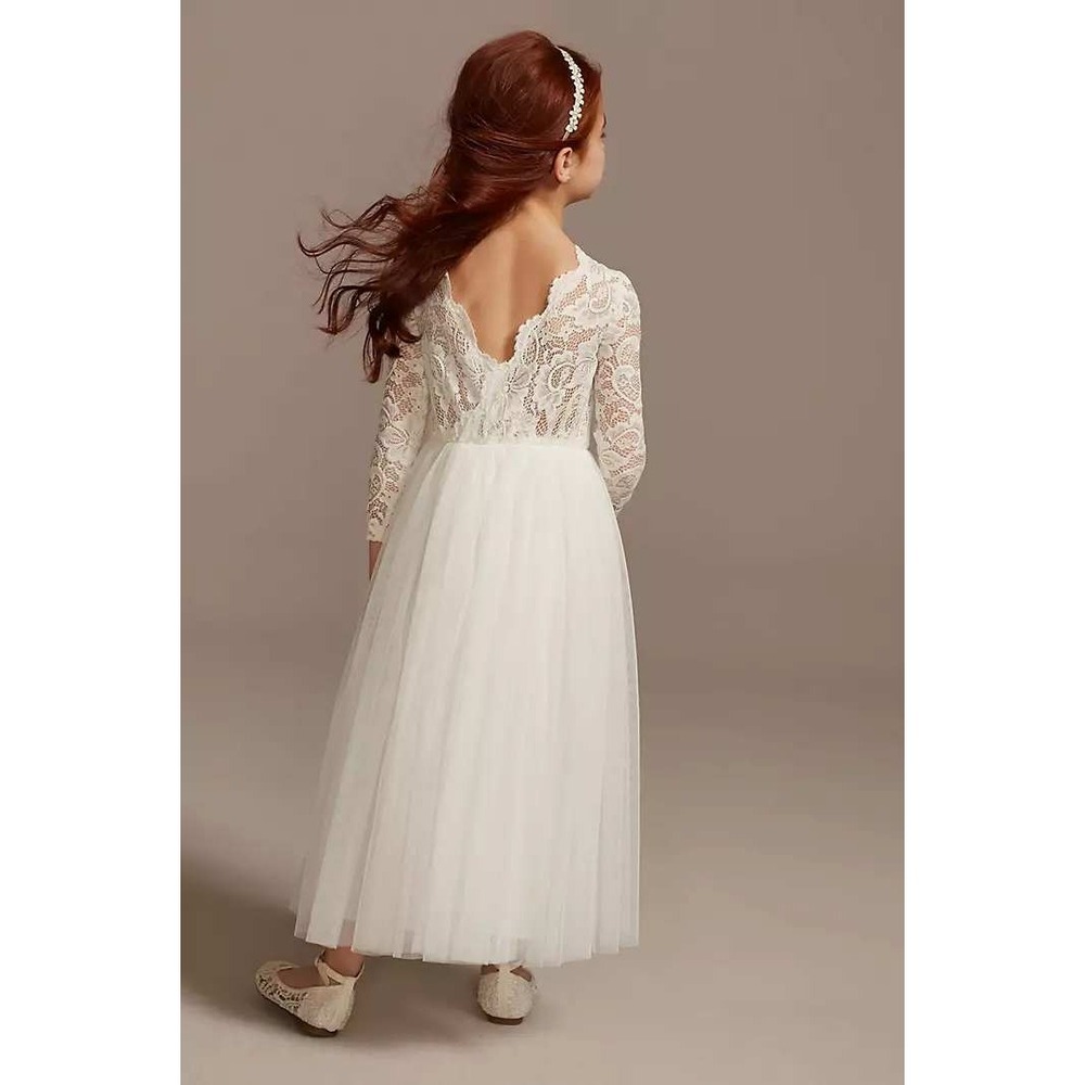 NWT David's Bridal White Tulle Lace‎ Dress Girl 5 Flower Formal Wedding Occasion